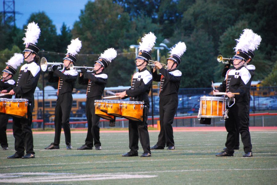 Marching Hawks performing during the Homecoming game.