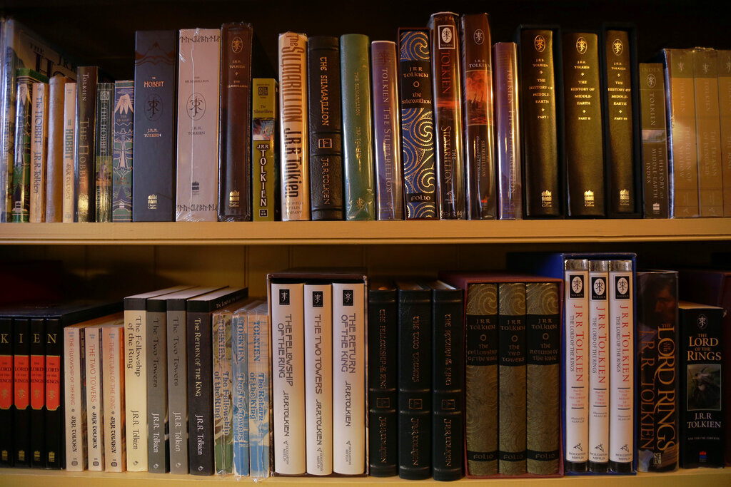 Shown is a collection of J.R.R. Tolkien books at the Hobbit House Tuesday, Dec. 11, 2012, in Chester County, near Philadelphia. Architect Peter Archer has designed a Hobbit House containing a world-class collection of J.R.R. Tolkien manuscripts and memorabilia. (AP Photo/Matt Rourke)