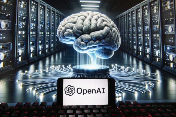 The OpenAI logo is seen displayed on a cell phone with an image on a computer monitor generated by ChatGPTs Dall-E text-to-image model, Friday, Dec. 8, 2023, in Boston. (AP Photo/Michael Dwyer)