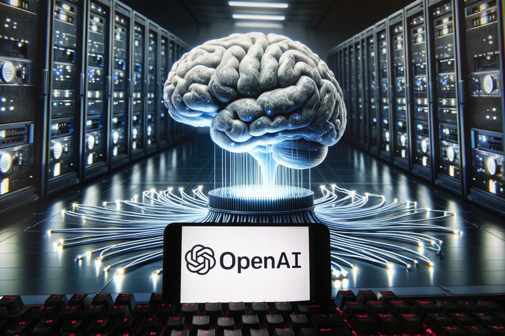 The OpenAI logo is seen displayed on a cell phone with an image on a computer monitor generated by ChatGPTs Dall-E text-to-image model, Friday, Dec. 8, 2023, in Boston. (AP Photo/Michael Dwyer)
