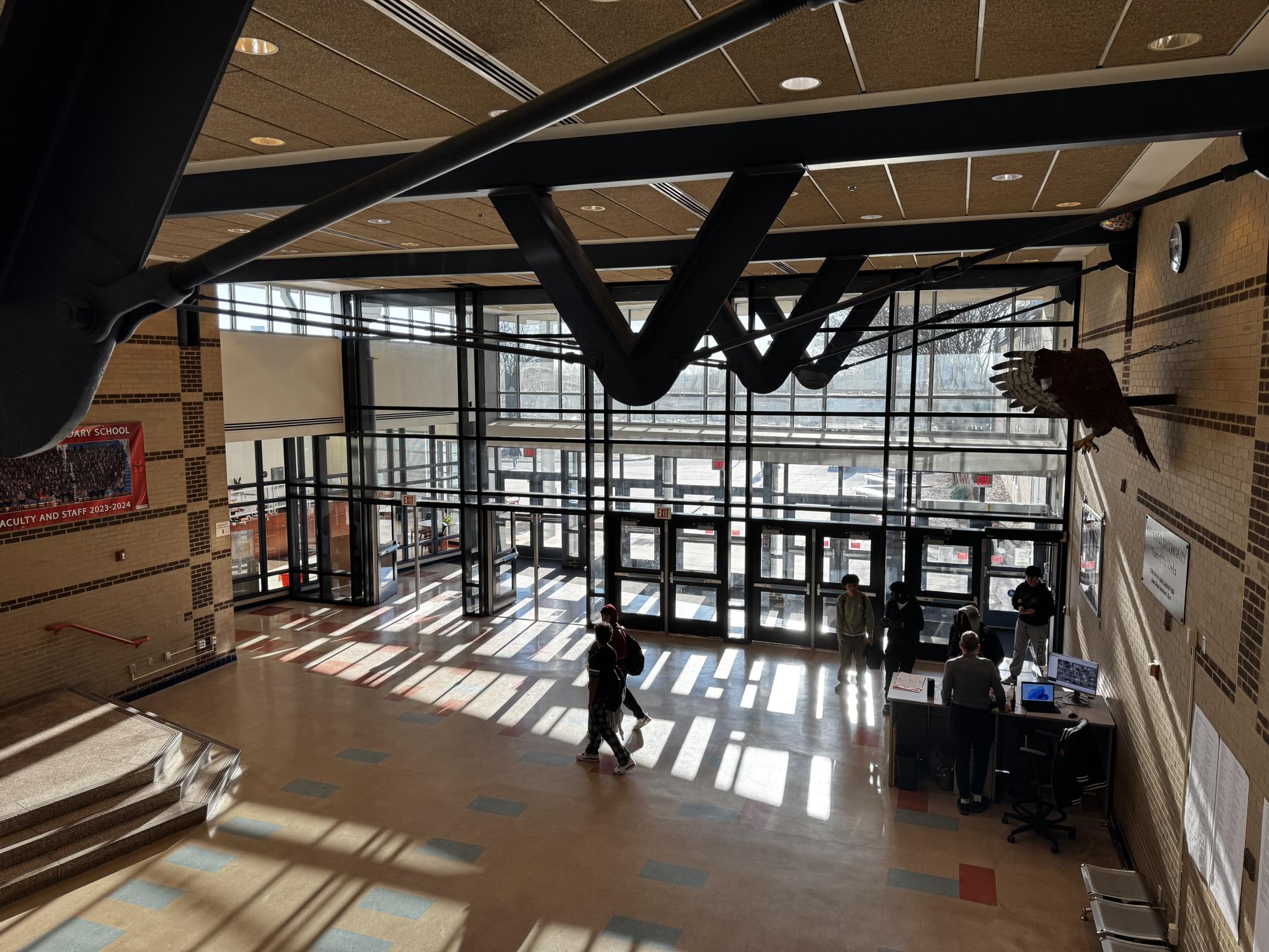 Hayfield students enter through the main door with the new security vestibule. 