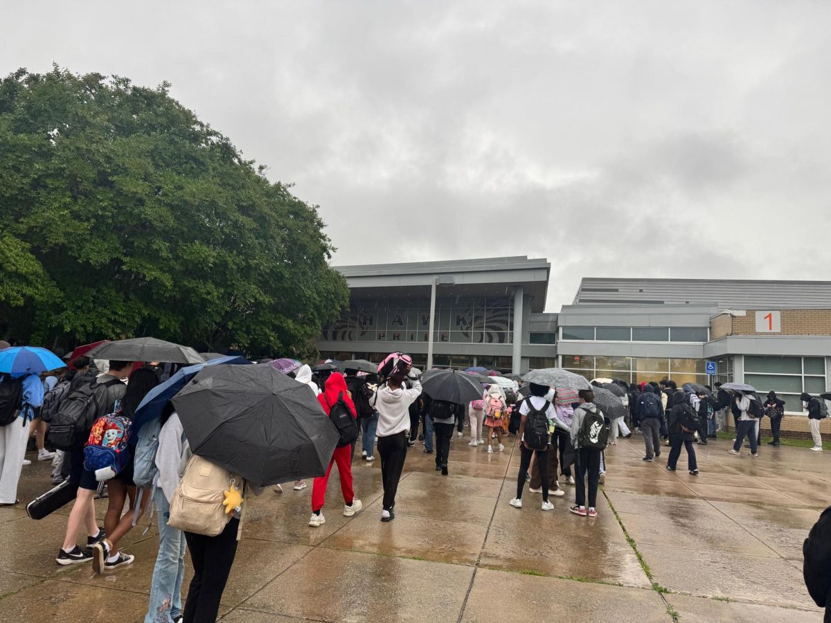 Students waiting outside in the rain to get into the building at 7:40 a.m.