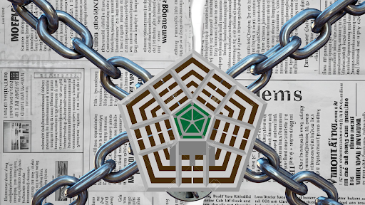 A newspaper torn in half, chained up, and covered by a depiction of the pentagon building.